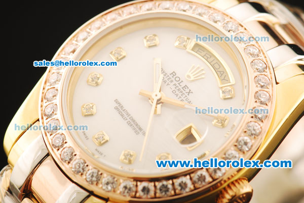 Rolex Day-Date Oyster Perpetual Three Tone with White Dial and Diamond Bezel/Marking - Click Image to Close